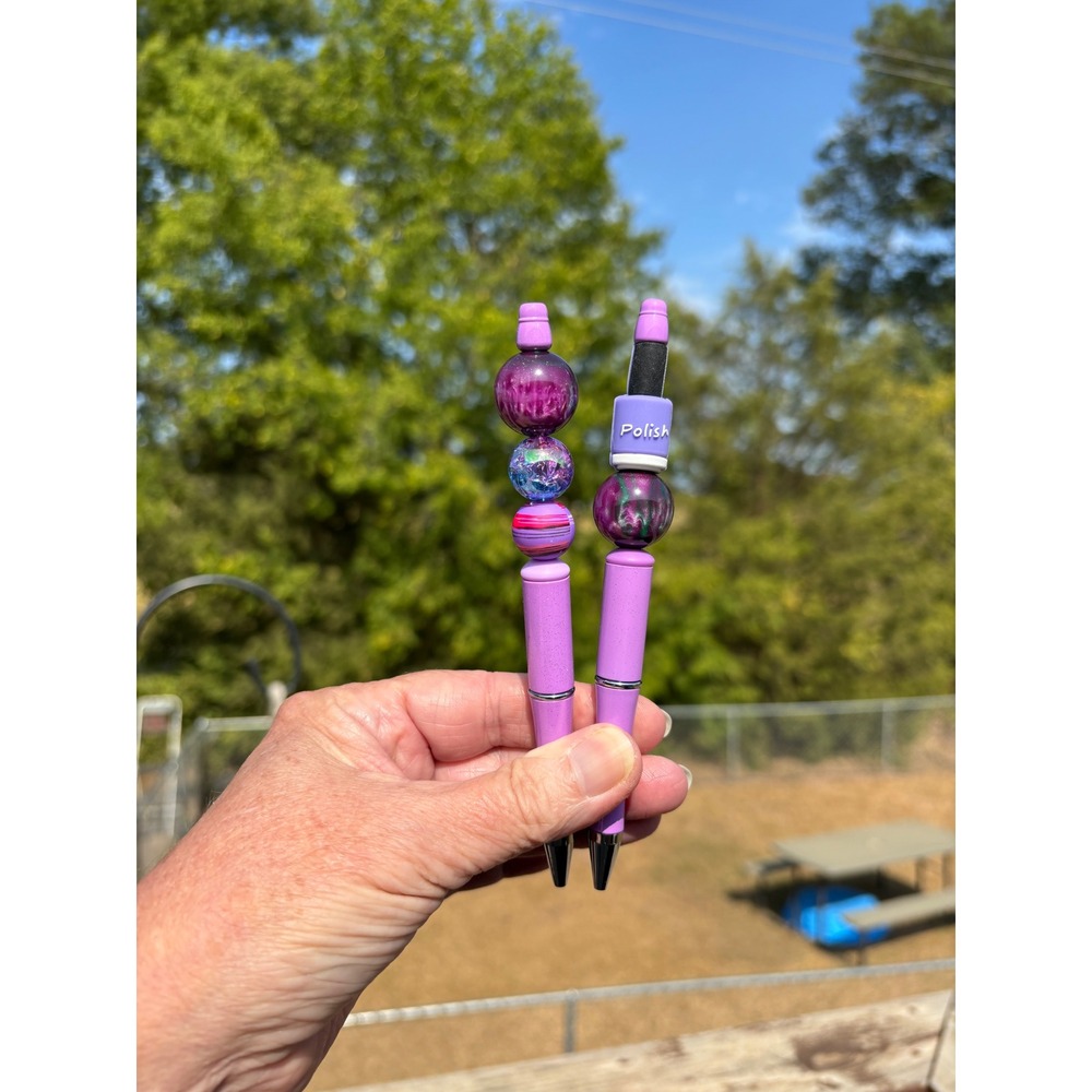 Handmade Beaded Ballpoint Pens Purple Marbled Polish Charm 2 Piece Set